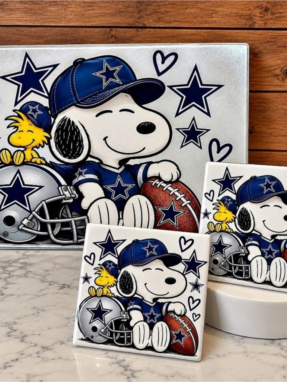 Snoopy Football Cutting board and coasters